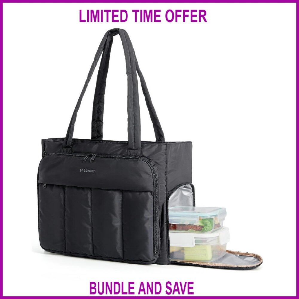 Black Insulated Tote Lunch Bag with Front Pocket